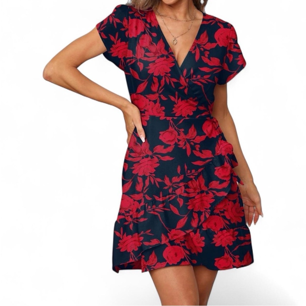 Floral V-Neck Dress in Red and Navy